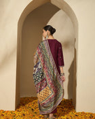 Wine Allure Maroon Embroidered Kurta with Trouser & Dupatta