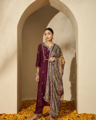 Wine Allure Maroon Embroidered Kurta with Trouser & Dupatta