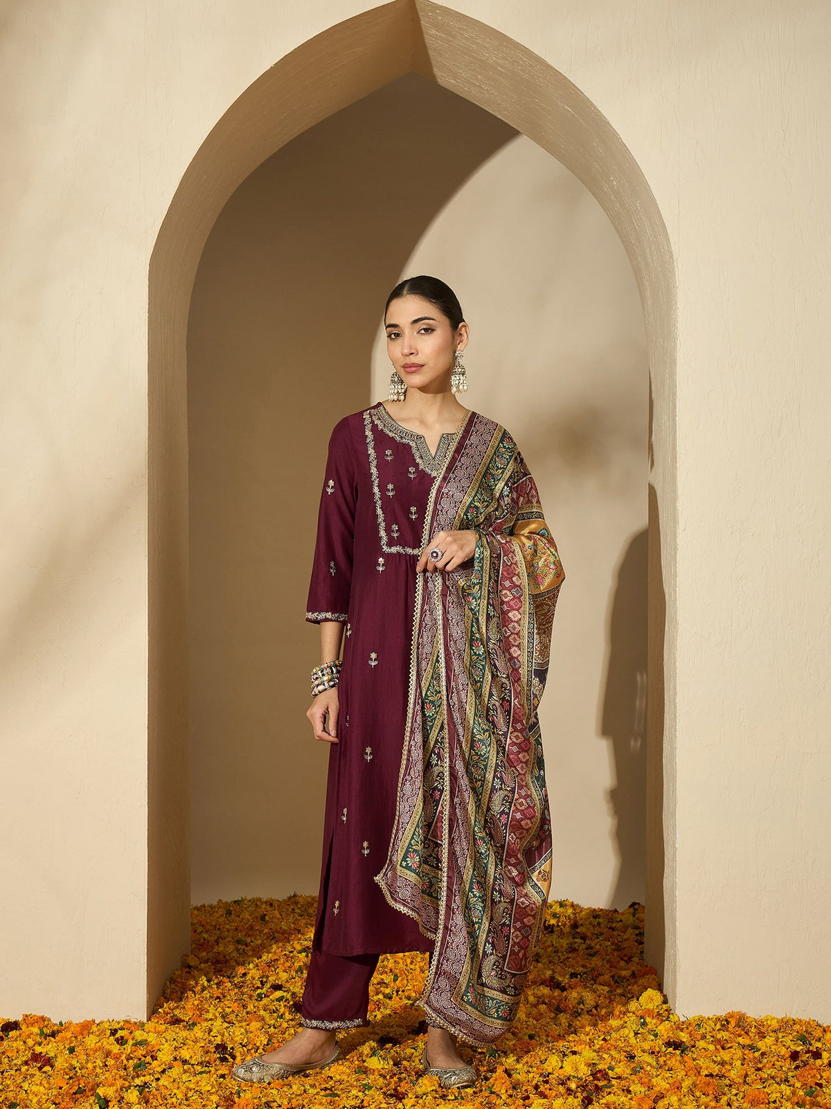 Wine Allure Maroon Embroidered Kurta with Trouser & Dupatta