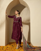 Wine Allure Maroon Embroidered Kurta with Trouser & Dupatta