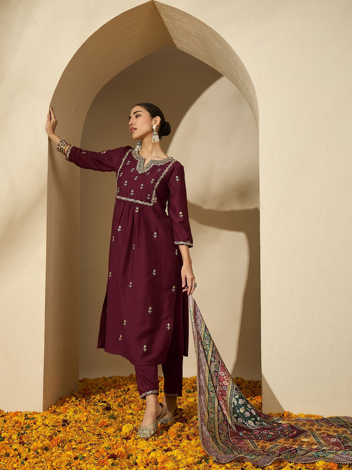 Wine Allure Maroon Embroidered Kurta with Trouser & Dupatta