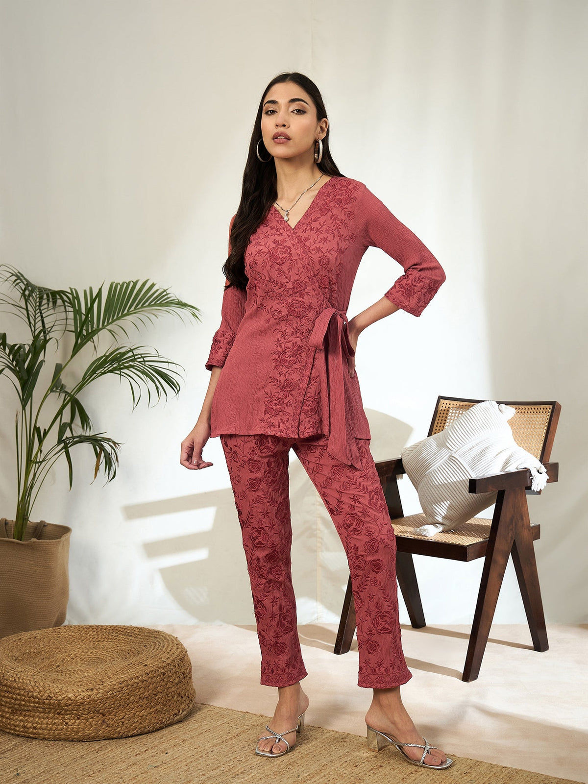 Ruhani Floral Embroidered V-Neck Tunic with Trouser Co-ord Set