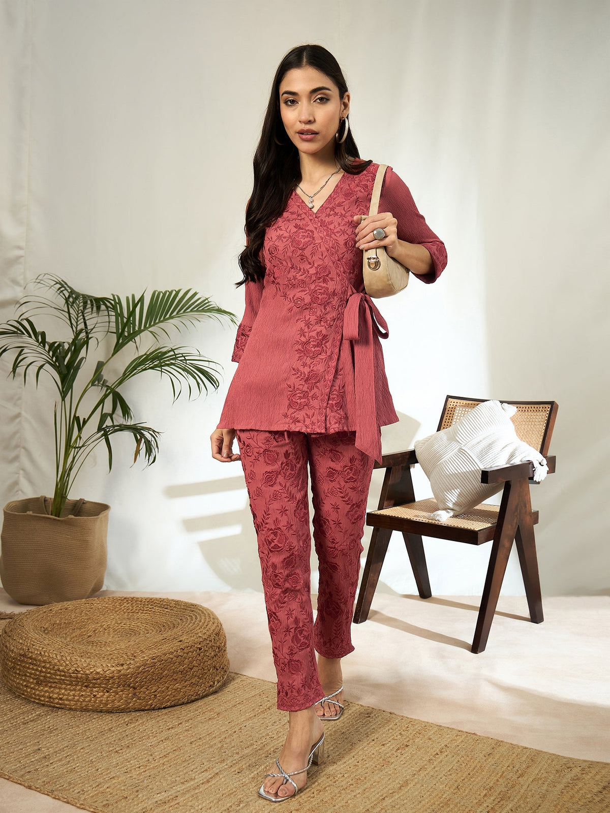 Ruhani Floral Embroidered V-Neck Tunic with Trouser Co-ord Set