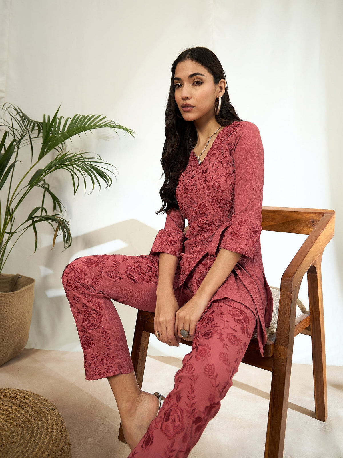 Ruhani Floral Embroidered V-Neck Tunic with Trouser Co-ord Set
