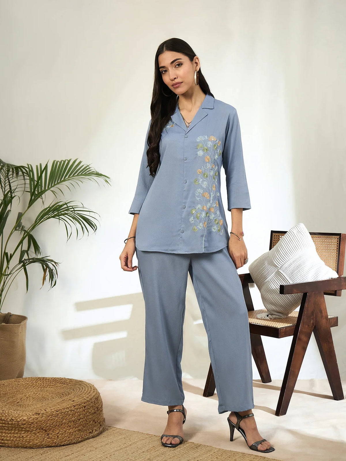 Aashra Embroidered Shirt Collar Co-Ord Set with Trousers - aunlabel