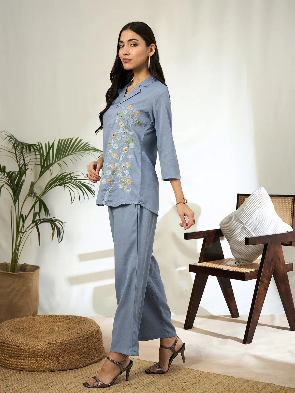 Aashra Embroidered Shirt Collar Co-Ord Set with Trousers - aunlabel
