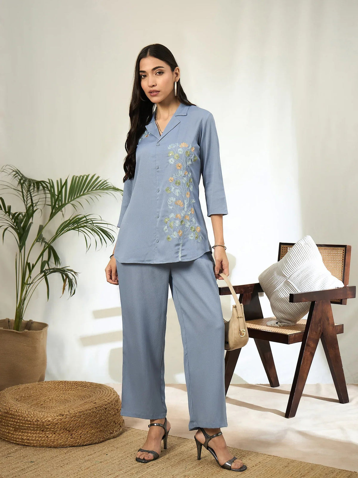 Aashra Embroidered Shirt Collar Co-Ord Set with Trousers - aunlabel