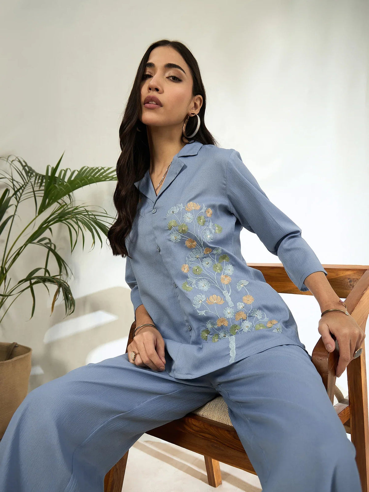 Aashra Embroidered Shirt Collar Co-Ord Set with Trousers - aunlabel