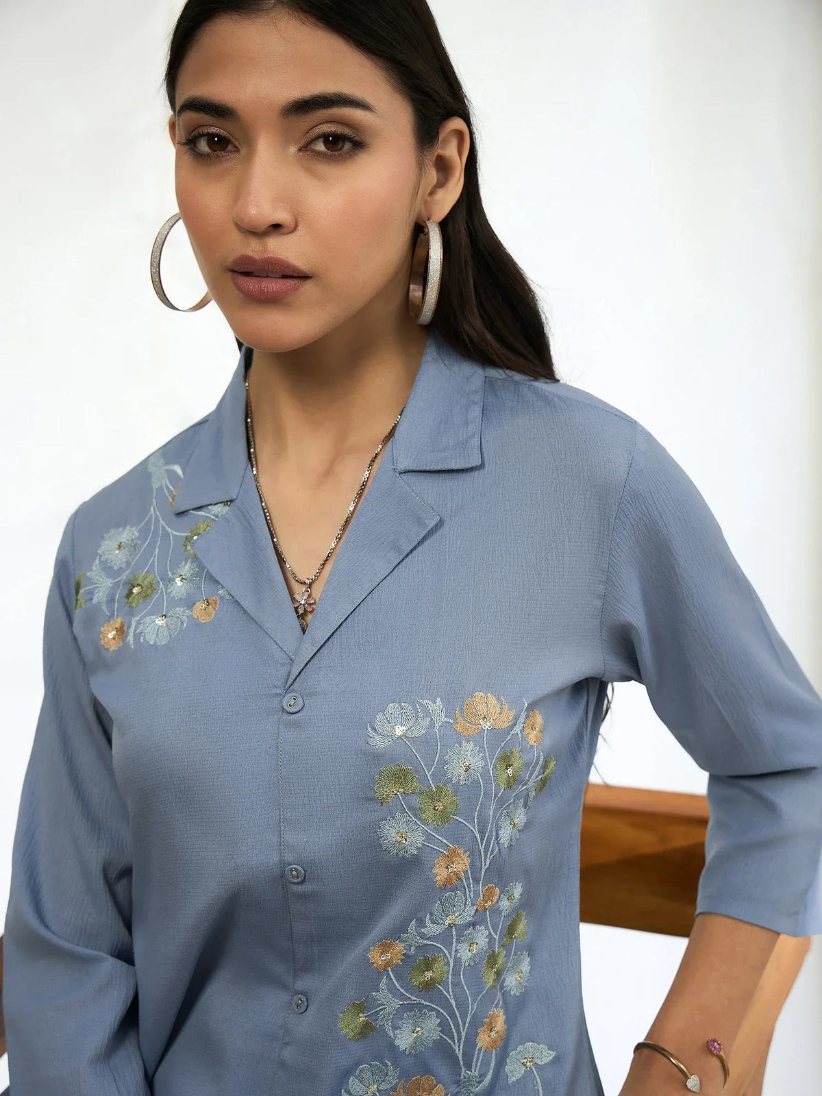 Aashra Embroidered Shirt Collar Co-Ord Set with Trousers - aunlabel