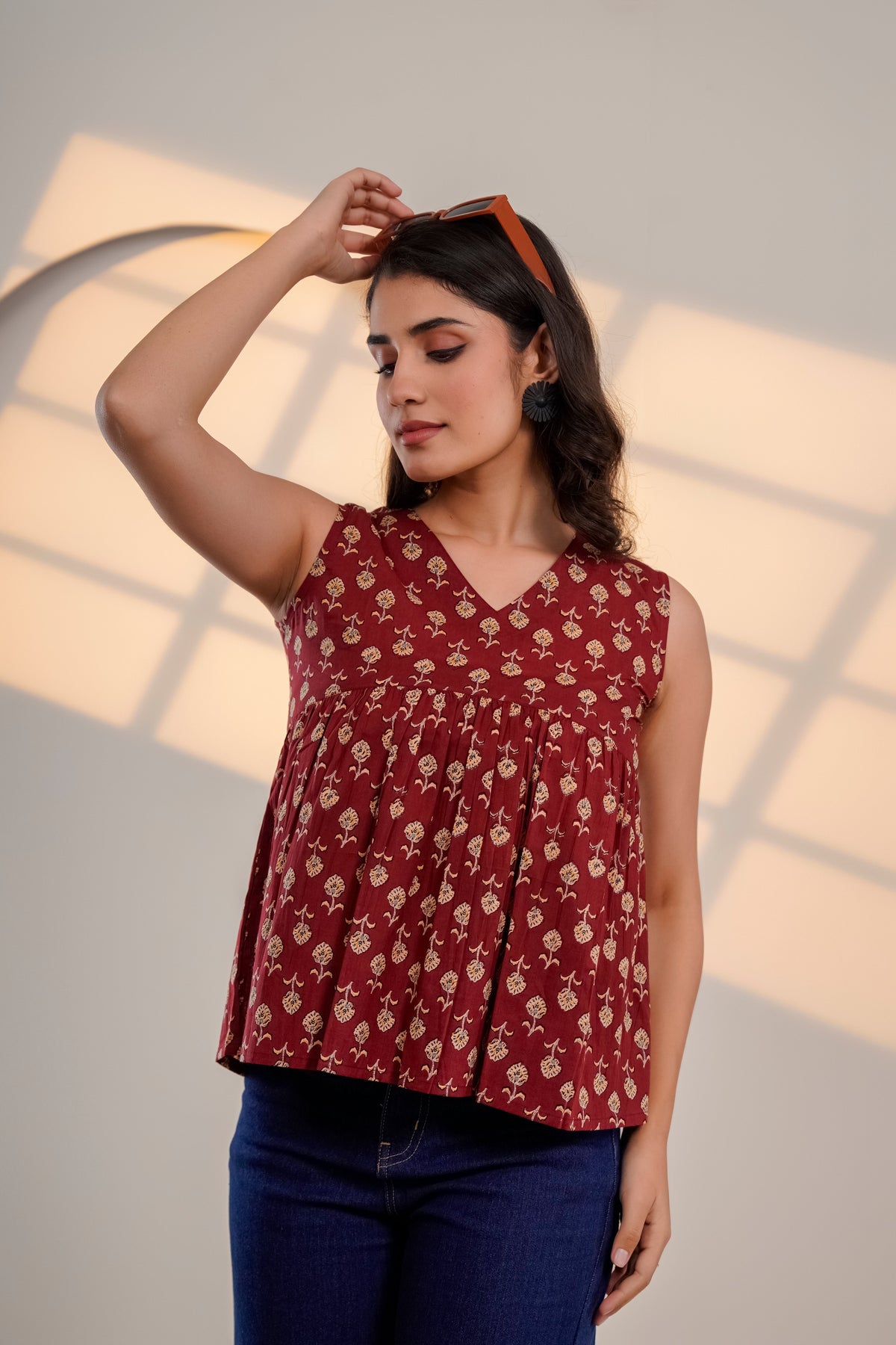 Maroon Printed Sleeveless Top