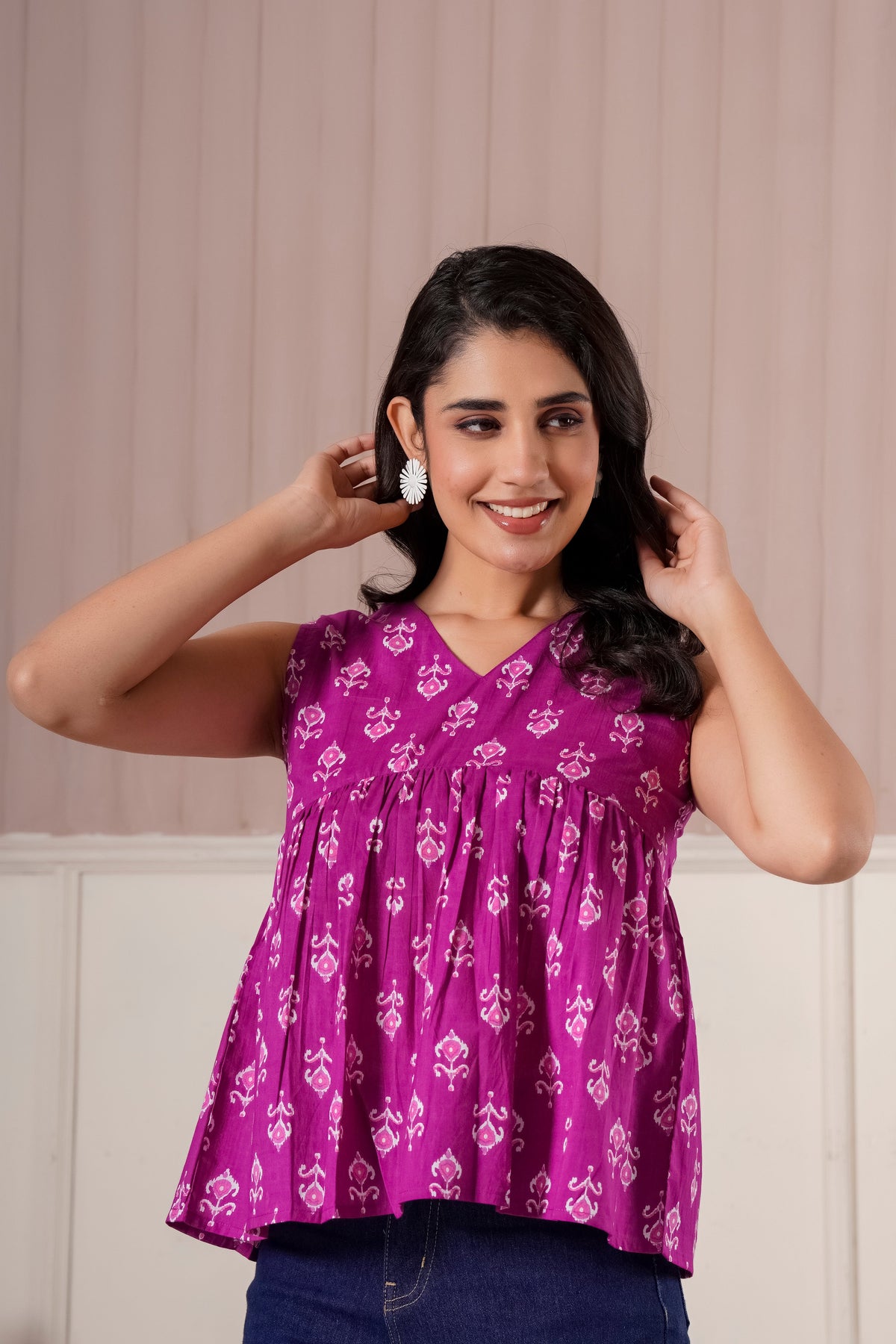 Magenta Ethnic Print Sleeveless Top