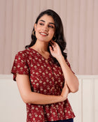 Maroon Floral Printed Short Sleeve Top
