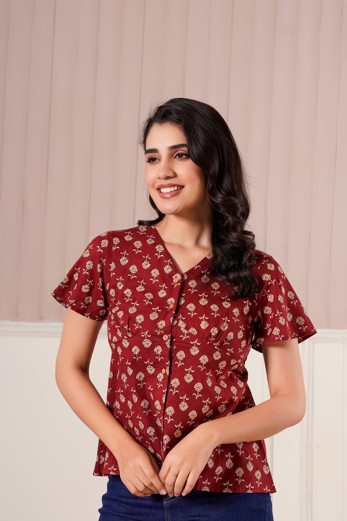 Maroon Floral Printed Short Sleeve Top