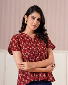 Maroon Floral Printed Short Sleeve Top