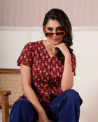 Maroon Floral Printed Short Sleeve Top