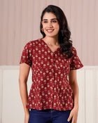 Maroon Floral Printed Short Sleeve Top