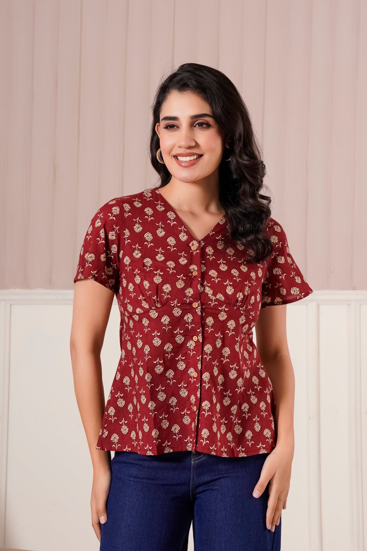 Maroon Floral Printed Short Sleeve Top