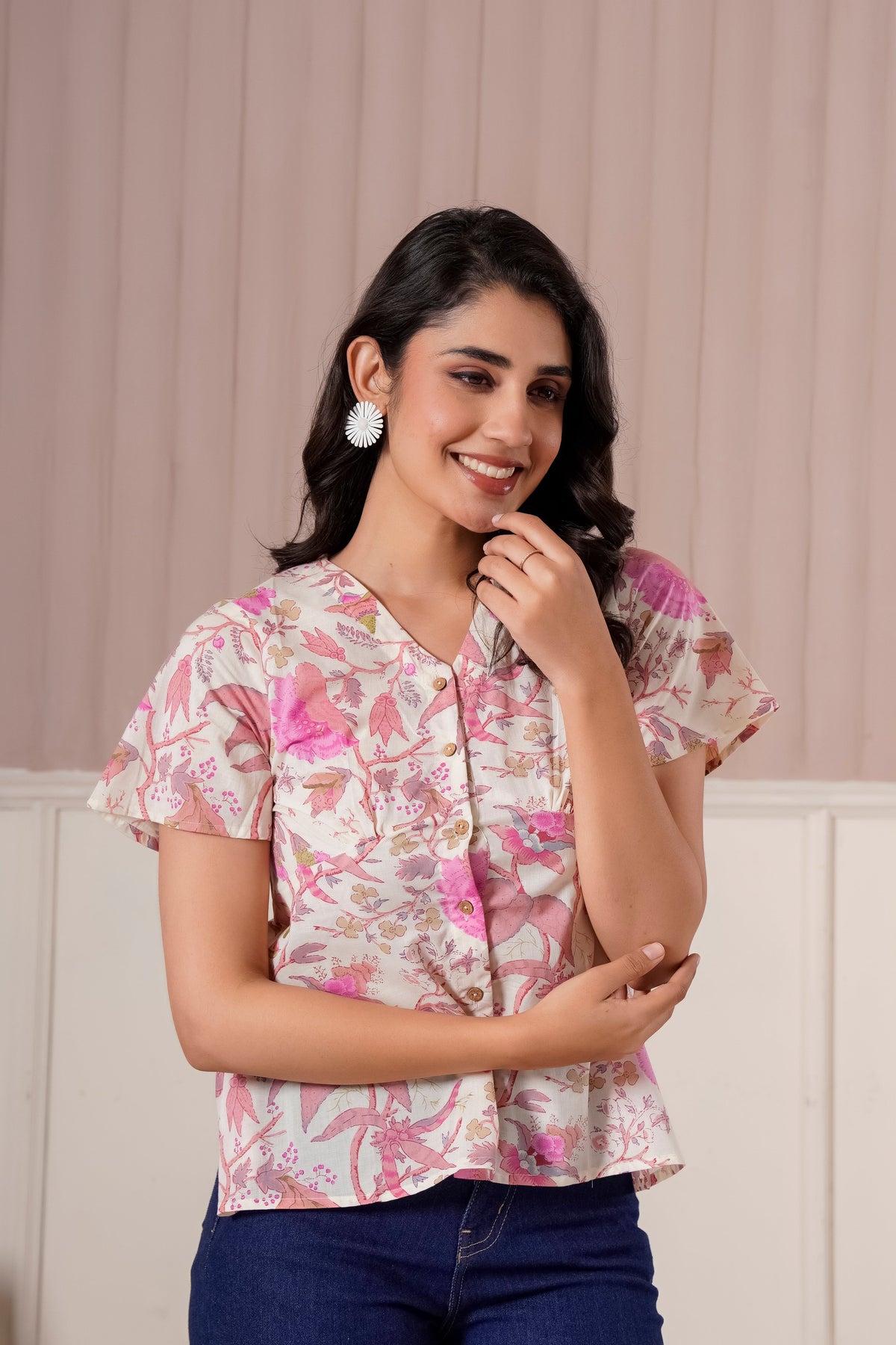 Pink Floral Printed Flutter Sleeve Top