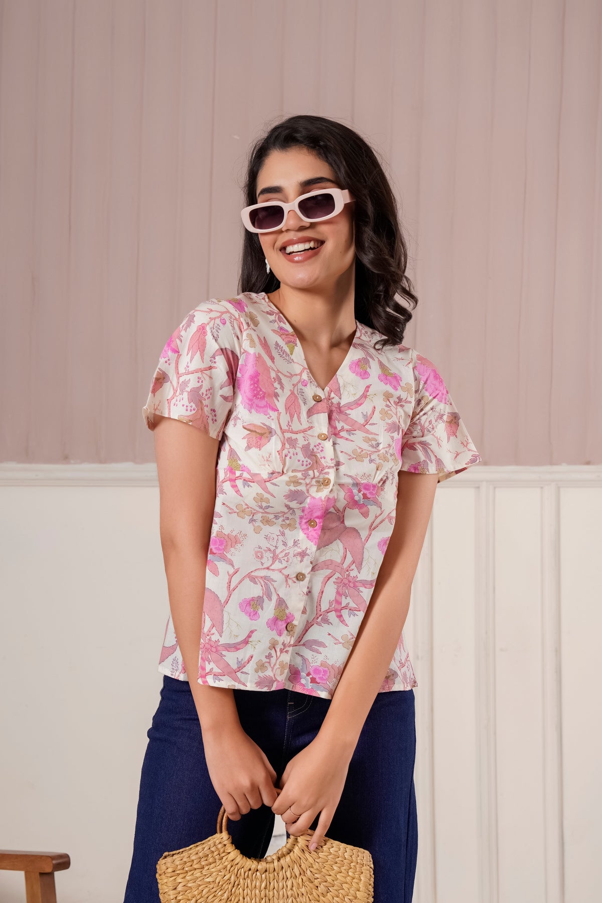 Pink Floral Printed Flutter Sleeve Top