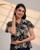 Black Floral Printed V-Neck Top