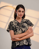 Black Floral Printed V-Neck Top