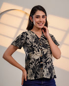 Black Floral Printed V-Neck Top