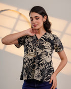 Black Floral Printed V-Neck Top