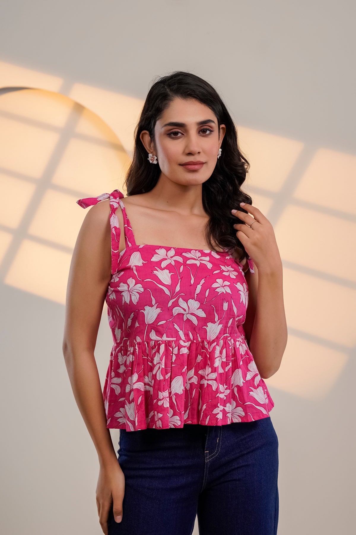 Pink Floral Tie-Up Peplum Top