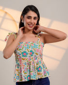 Cream Floral Tie-Up Peplum Top