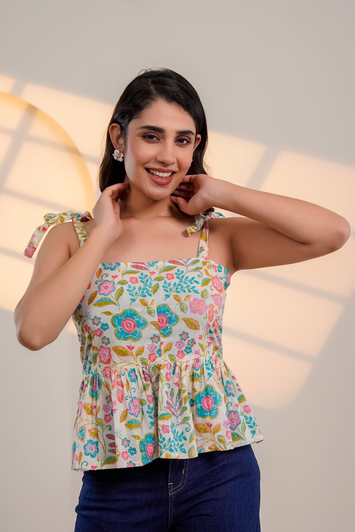 Cream Floral Tie-Up Peplum Top