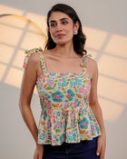 Cream Floral Tie-Up Peplum Top
