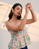 Cream Floral Tie-Up Peplum Top
