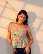 Cream Floral Tie-Up Peplum Top