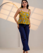 Mustard Floral Tie-Up Peplum Top