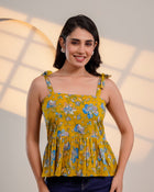 Mustard Floral Tie-Up Peplum Top