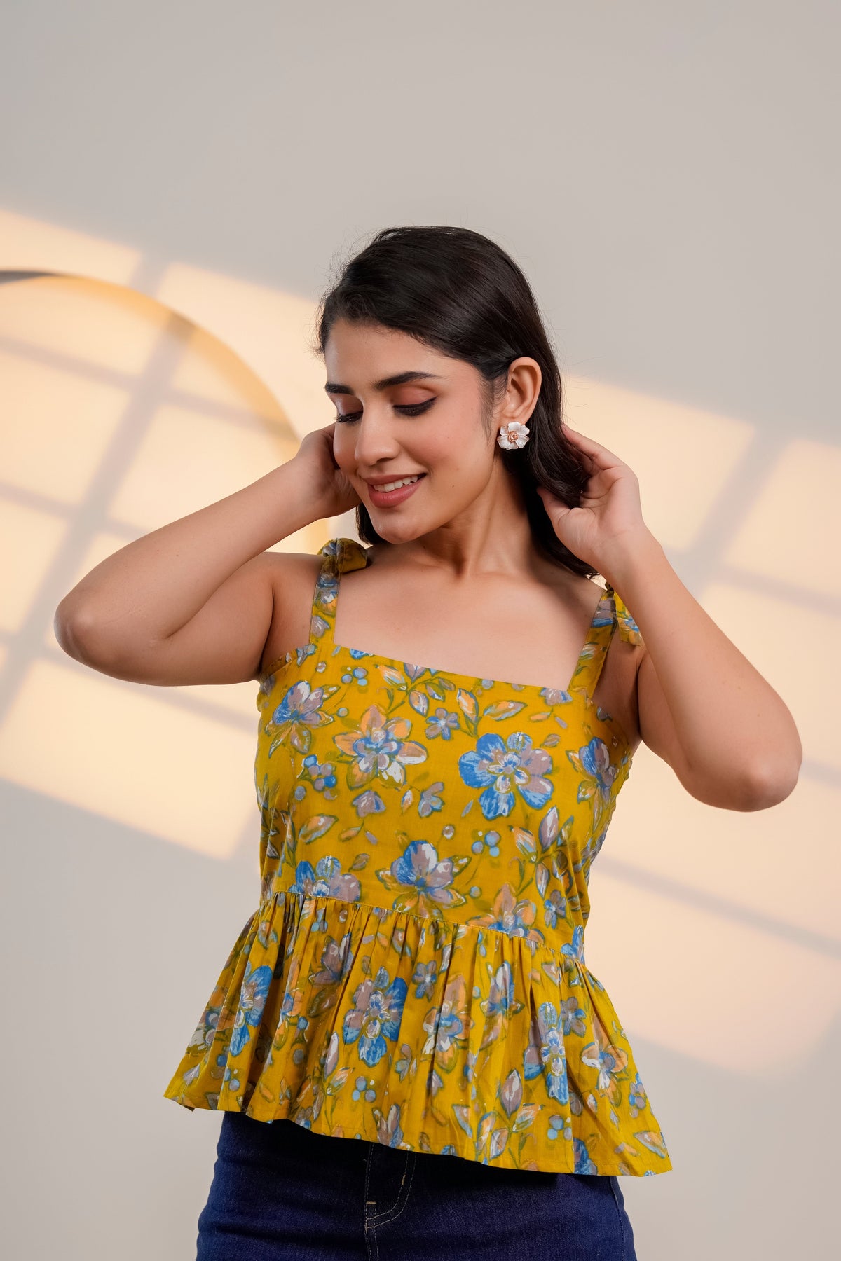 Mustard Floral Tie-Up Peplum Top