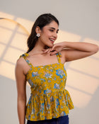 Mustard Floral Tie-Up Peplum Top