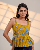 Mustard Floral Tie-Up Peplum Top