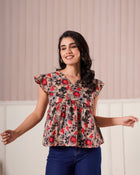 Beige Floral Flutter Sleeve Top