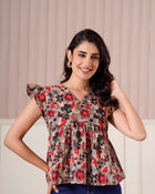 Beige Floral Flutter Sleeve Top