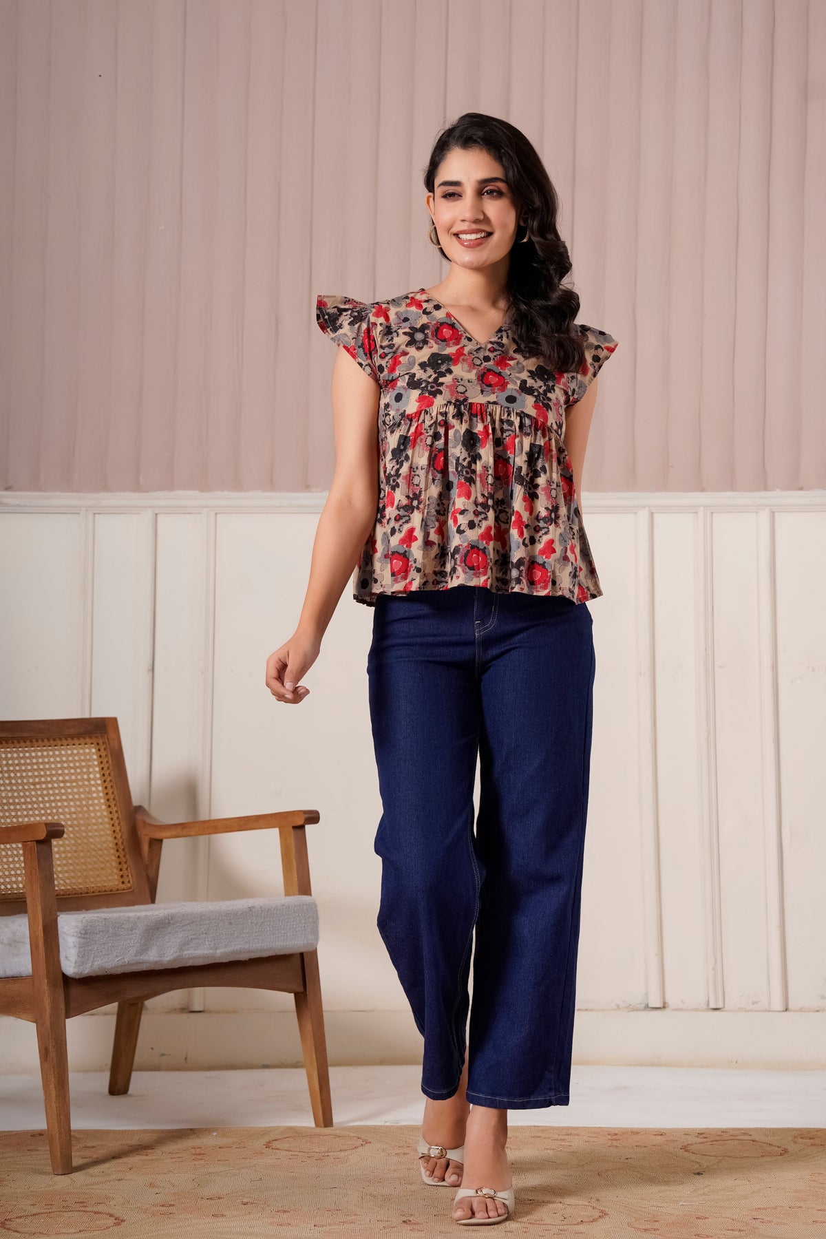 Beige Floral Flutter Sleeve Top