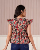 Beige Floral Flutter Sleeve Top