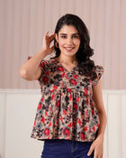 Beige Floral Flutter Sleeve Top