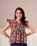 Beige Floral Flutter Sleeve Top