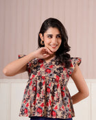 Beige Floral Flutter Sleeve Top