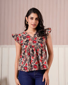 Beige Floral Flutter Sleeve Top
