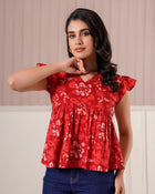 Red Floral Flutter Sleeve Top