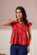 Red Floral Flutter Sleeve Top