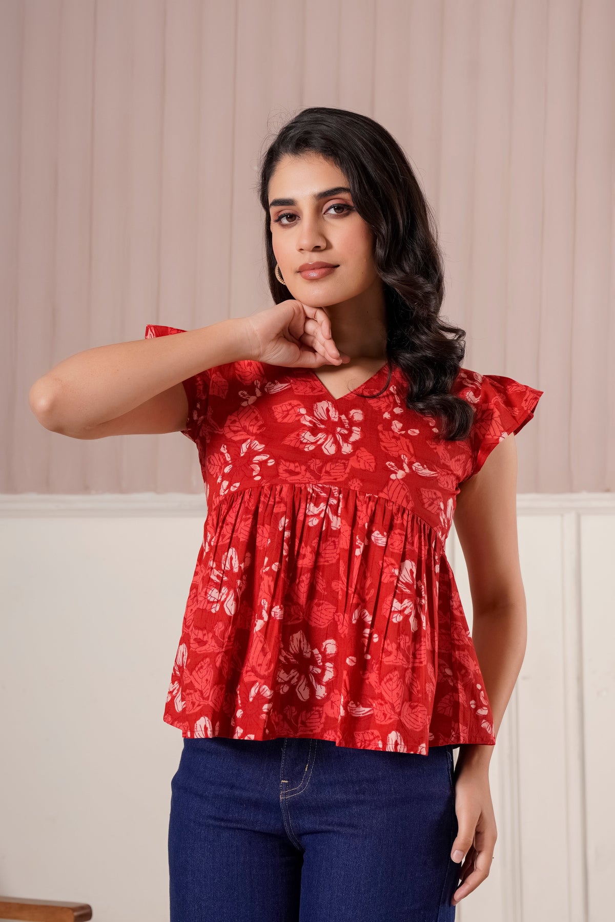 Red Floral Flutter Sleeve Top
