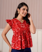 Red Floral Flutter Sleeve Top